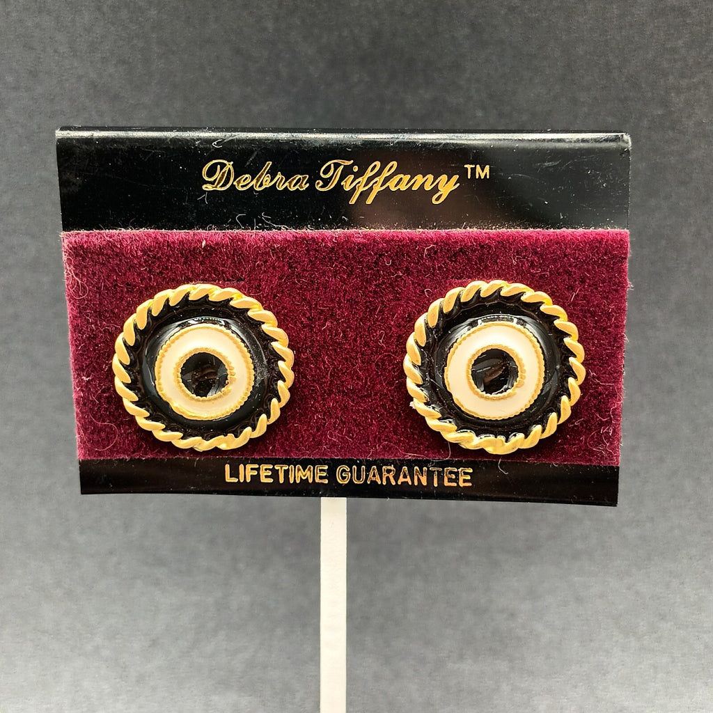 Vintage Pierced Earrings Blue White Enamel Gold tone Button Stud 1"