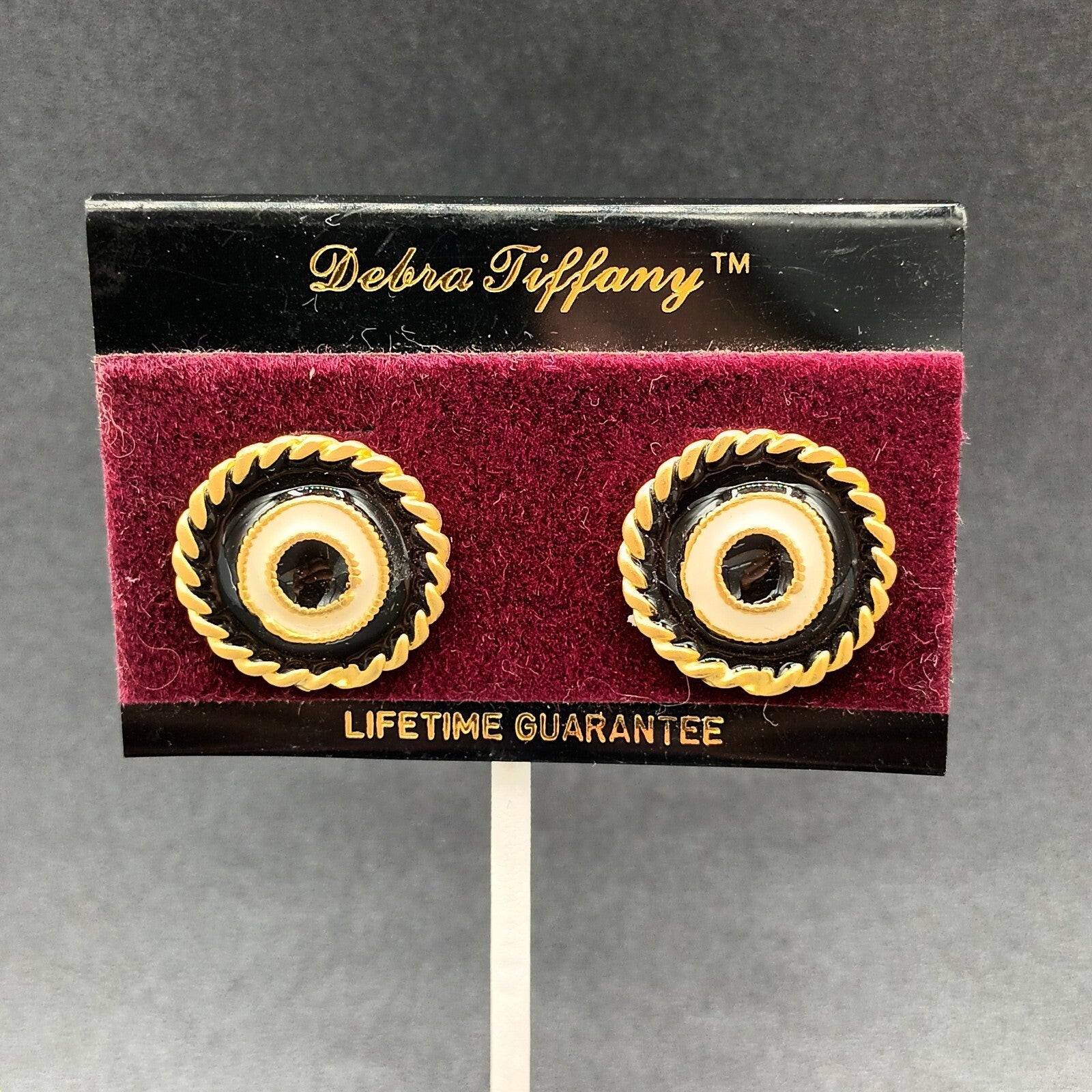 Vintage Pierced Earrings Blue White Enamel Gold tone Button Stud 1"