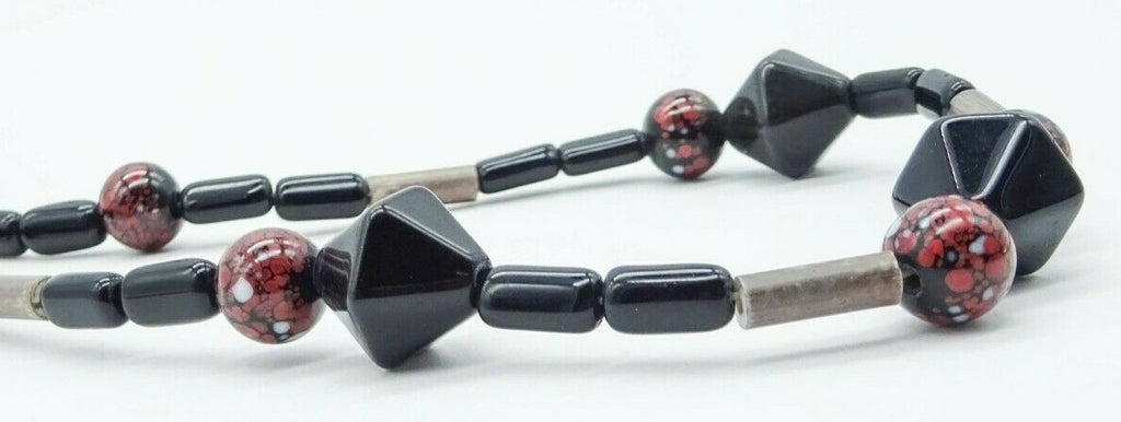 Vintage Beaded Necklace 24 in Estate Costume Jewelry Red Black Silver