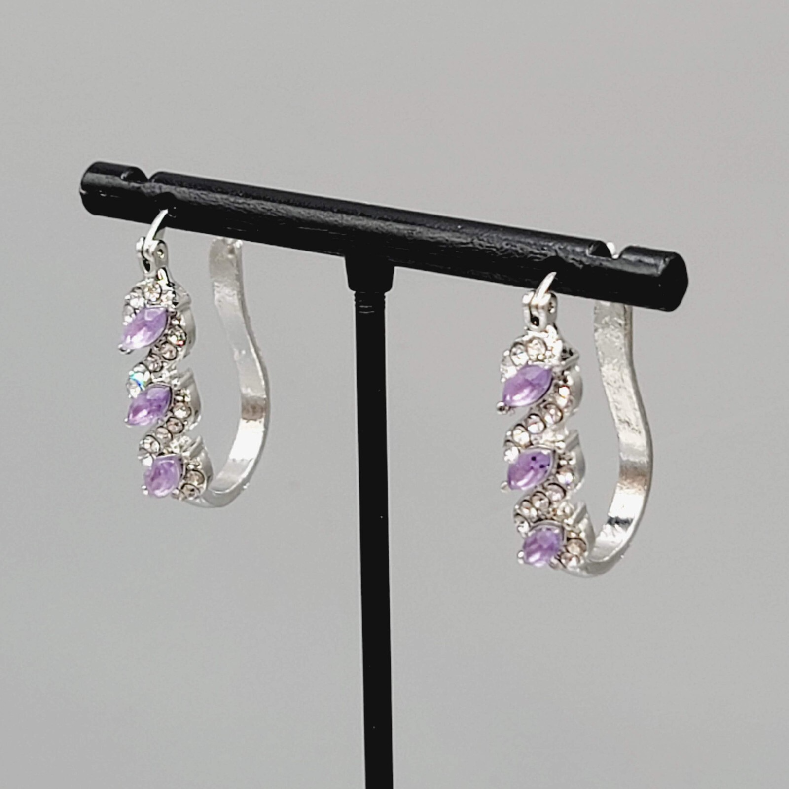 Hoop Pierced Earrings Silver tone Purple Rhinestone Dangle Hoops 1"