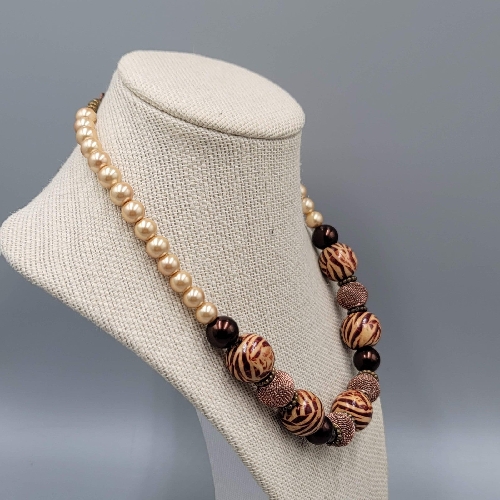 Bead Necklace Imitation Pearl Wood and Copper Mesh Beads  18"