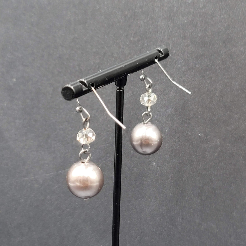 Pierced Earrings Silver tone Dark Gray Bead Dangle  1"