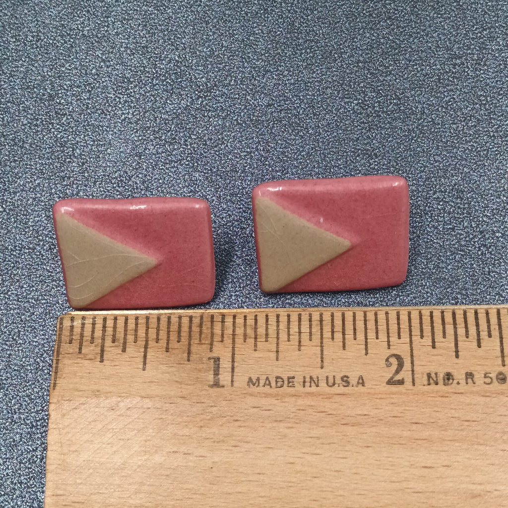 Vintage Pierced Earrings Pink Brown Geometric Ceramic Tile Rectangle Drop 7/8"