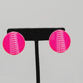 Vintage Hot Pink Enamel Pierced Earrings Embossed Round Drop 1"