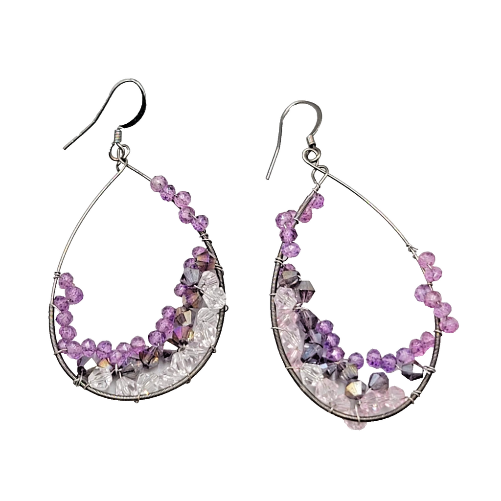 Purple Pink Gray Crystal Wrapped Teardrop Hoops Pierced Earrings 2 in