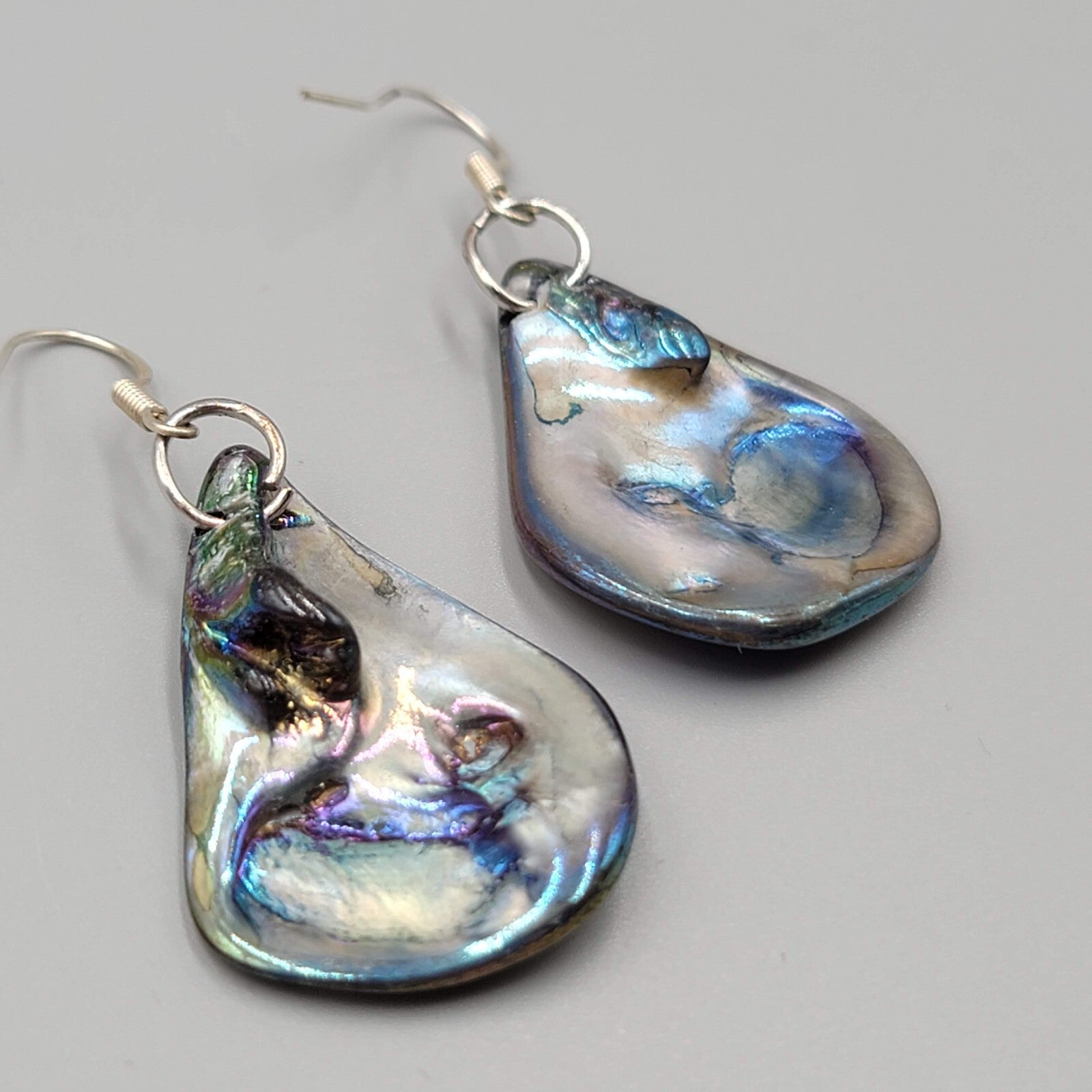 Real Seashell Pierced Earrings Blue Iridescent Sheen Dangle 1 3/8"