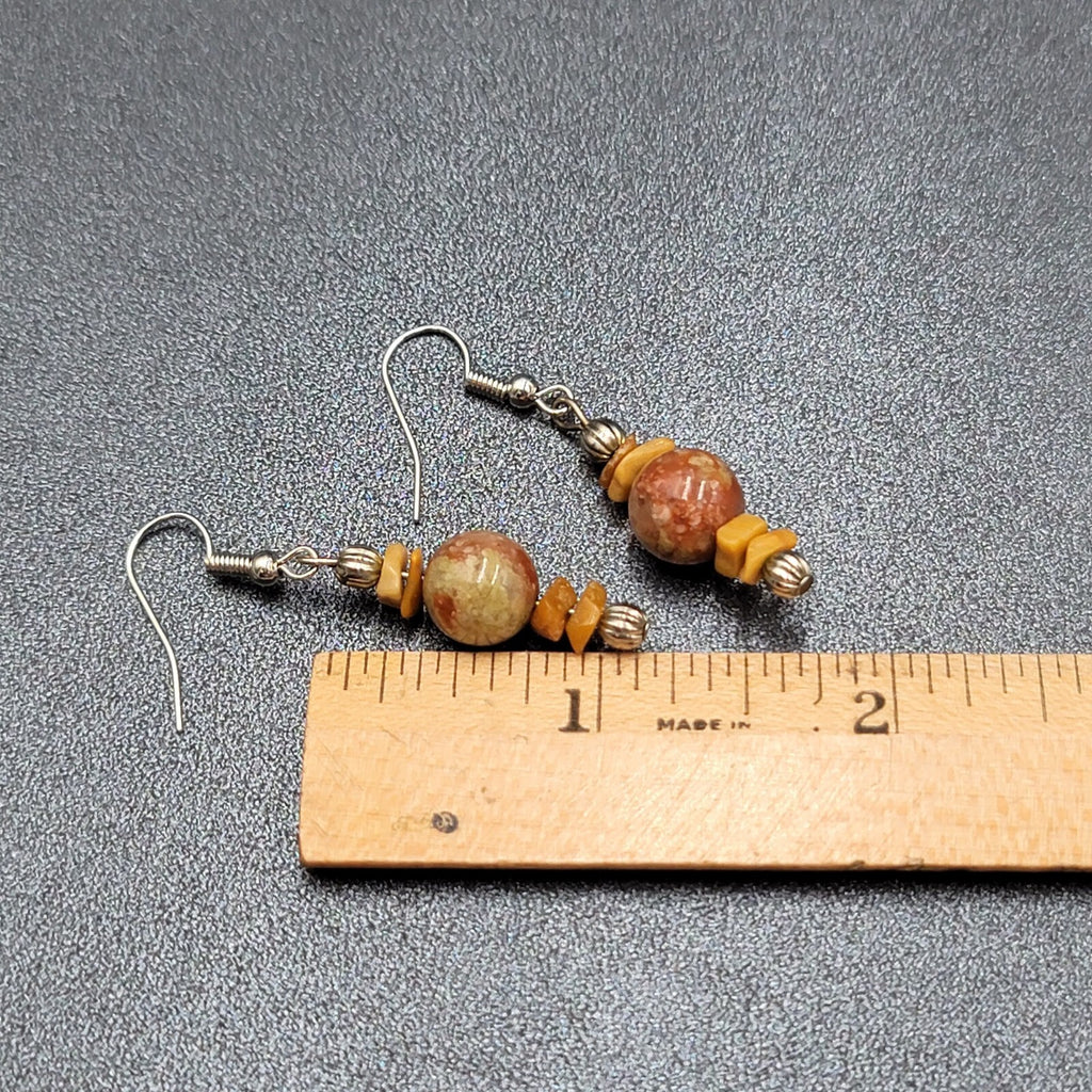 Pierced Earrings Silver tone Jasper Stone Beaded Dangle 1.25"
