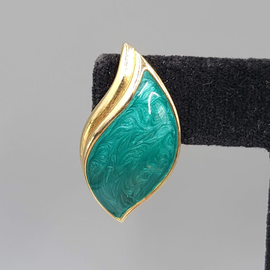 Vintage Green Enamel Pierced Earrings Gold tone Climber 1.25"