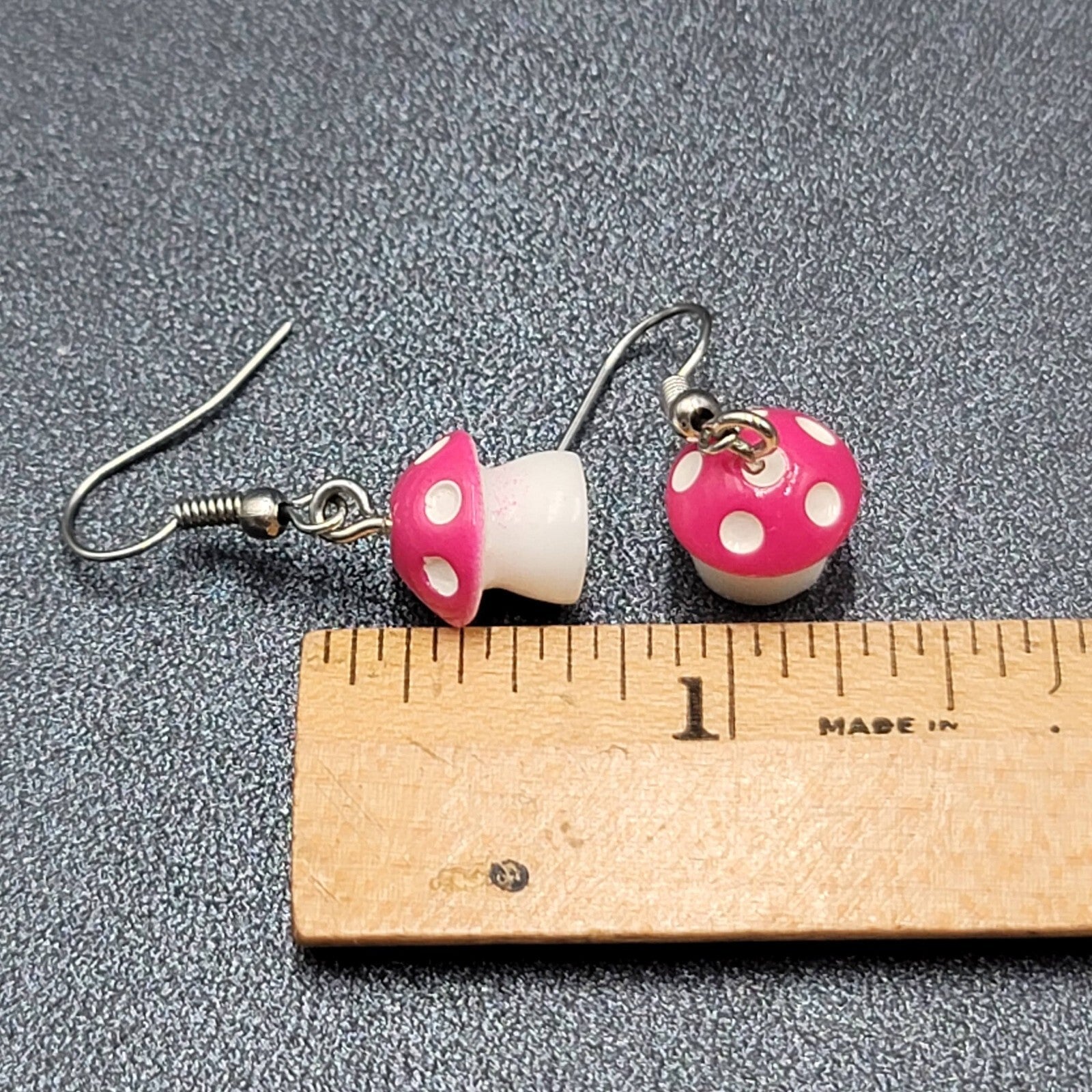 Pink Mushroom Pierced Earrings White Polka Dots Dangle 5/8"