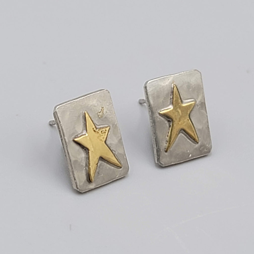 Vintage Don Miller Pierced Earrings Brass Pewter Star Rectangle Studs 1/2"