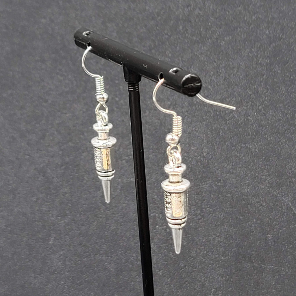 Syringe Nurse Pierced Earrings Silver tone Medical Dangle 1"