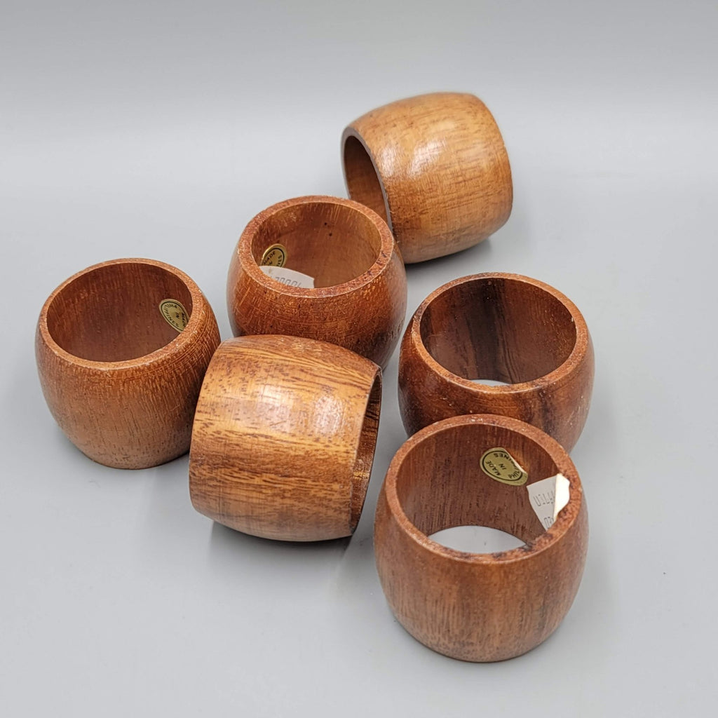 Vintage Wood Napkin Rings Barrel Set of 6 Made in Philippines