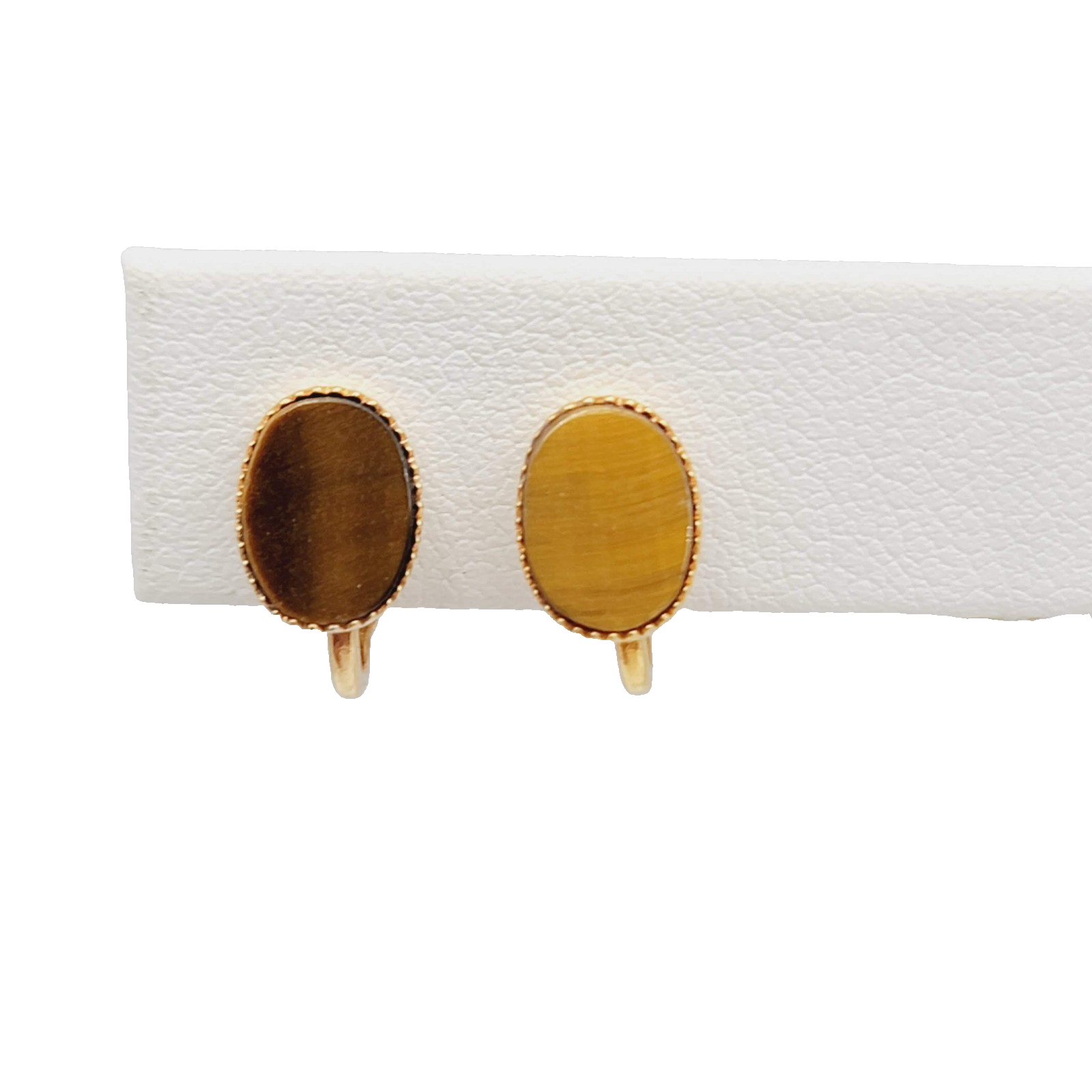 Vintage Tigers Eye Studs Clip on Earrings Gold tone Oval 3/8 in