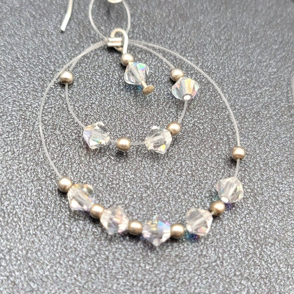 Pierced Earrings Floating Bicone AB Crystal Bead Dangle Hoops 1.75"