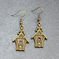 Birdhouse Pierced Earrings Bronze tone Dangle 3D Embossed 1 1/8"