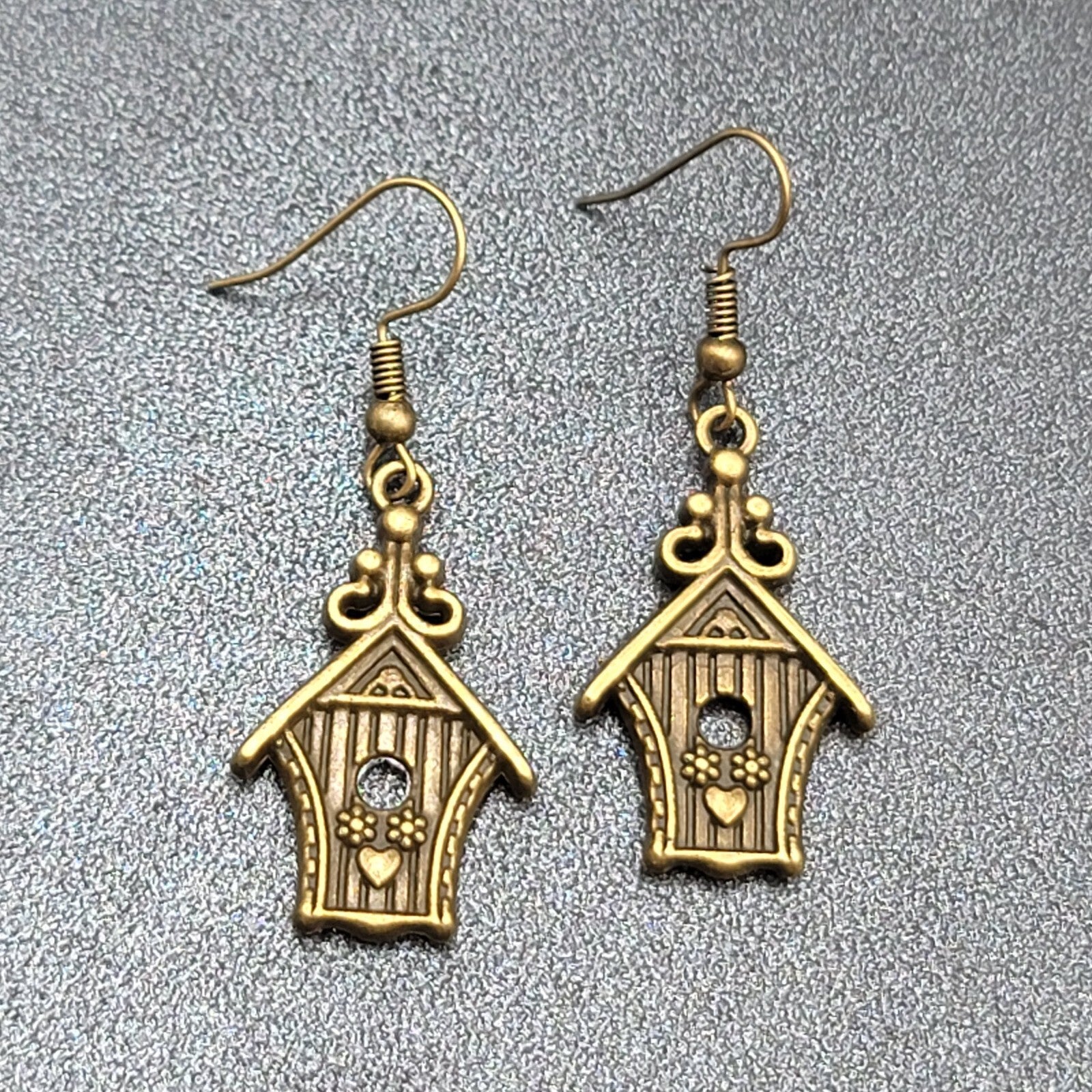Birdhouse Pierced Earrings Bronze tone Dangle 3D Embossed 1 1/8"