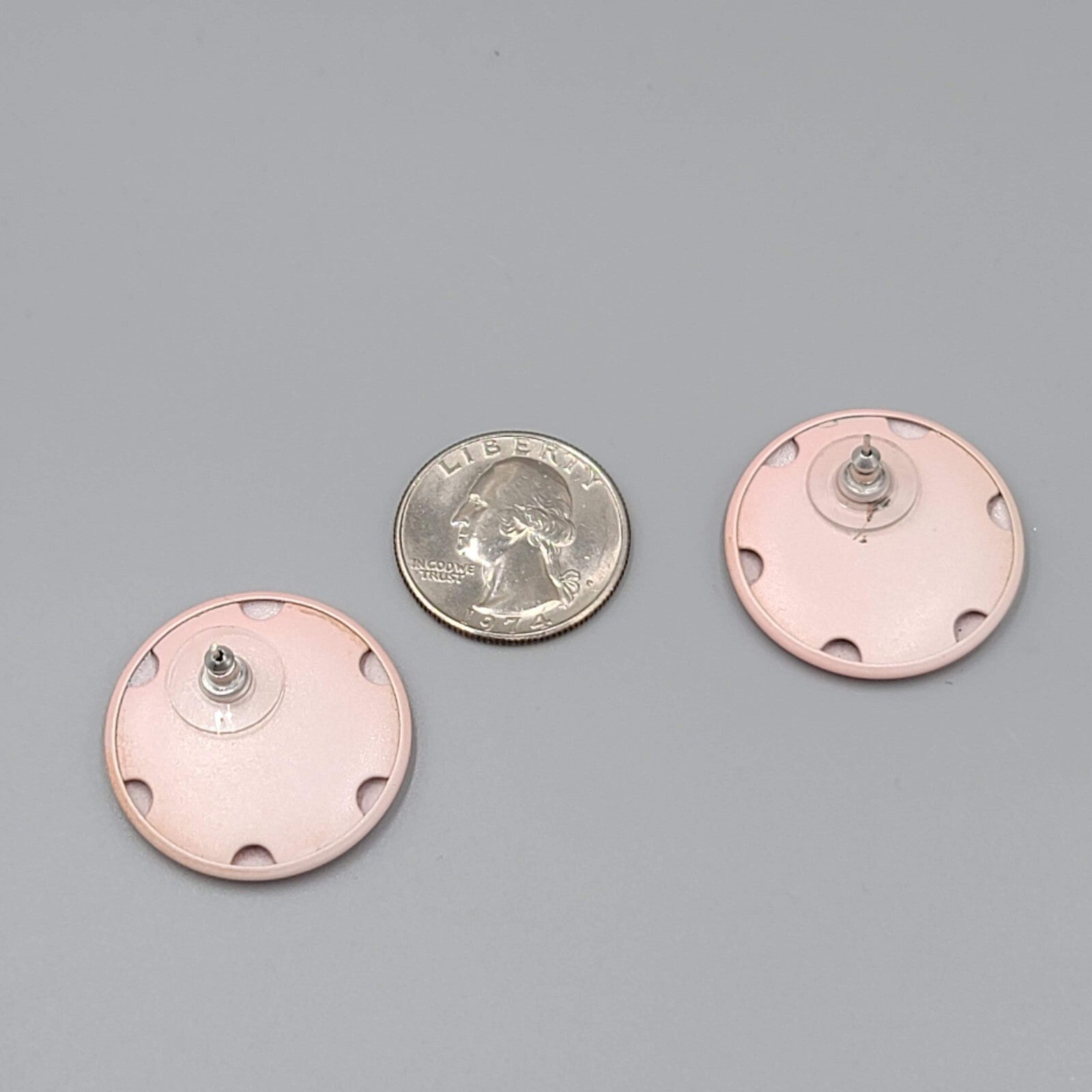 Vintage Pastel Pink Enamel Pierced Earrings Large Flat Round 1.25"