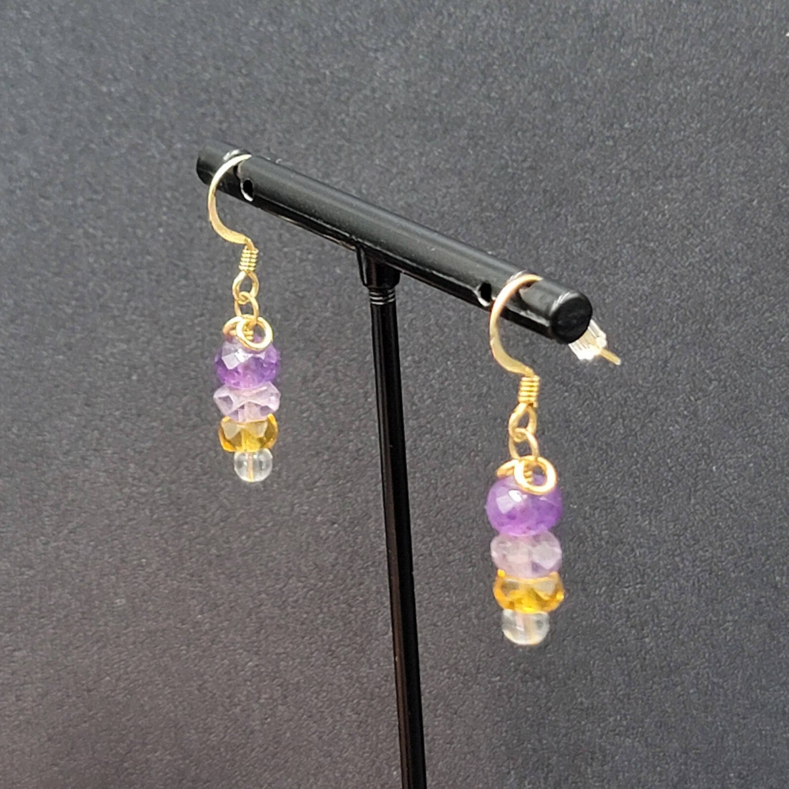 Pierced Earrings Gold tone Amethyst Faceted Bead Dangle 7/8"