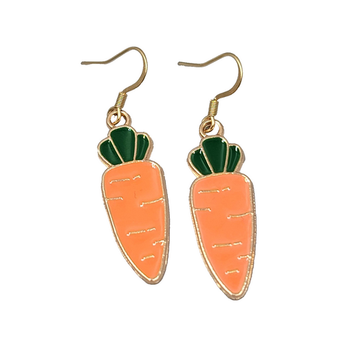 Enamel Carrot Pierced Earrings Veggie Gold tone Dangle 1 3/8"