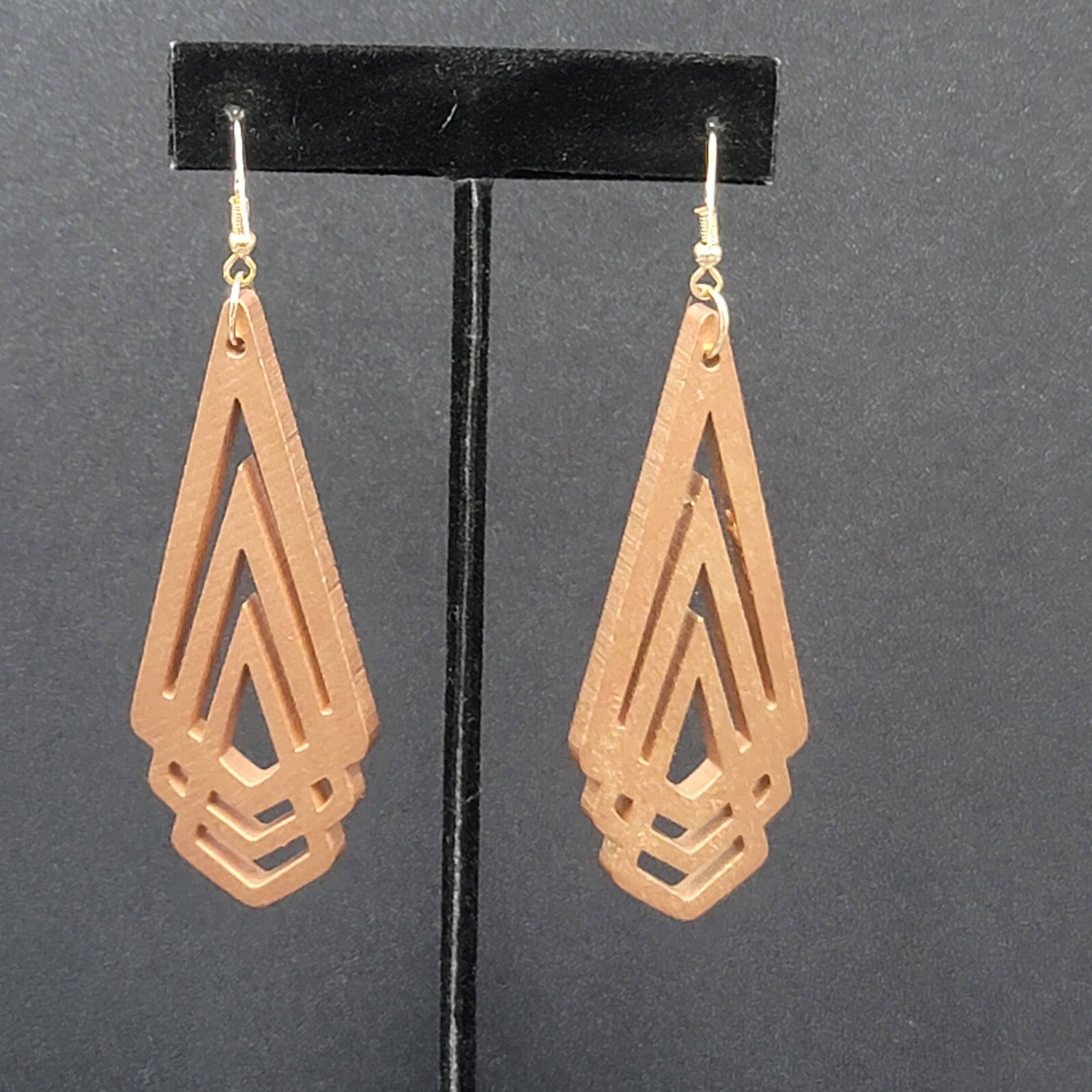 New Boho Pierced Earrings Metallic Gold Wood Cut Geometric Dangle 3"