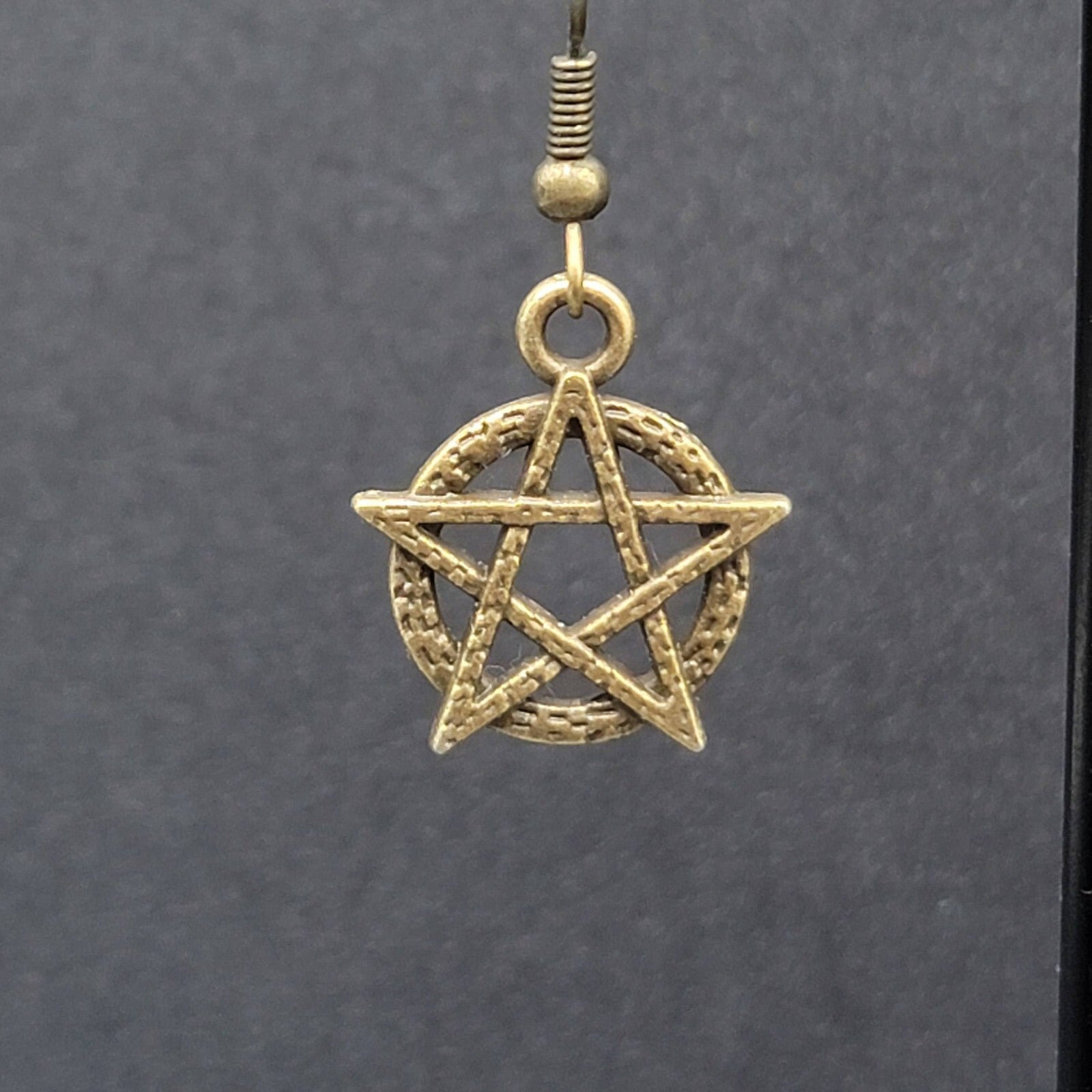 New Pentacle Pierced Earrings Star in Circle Bronze tone Dangle 3/4"