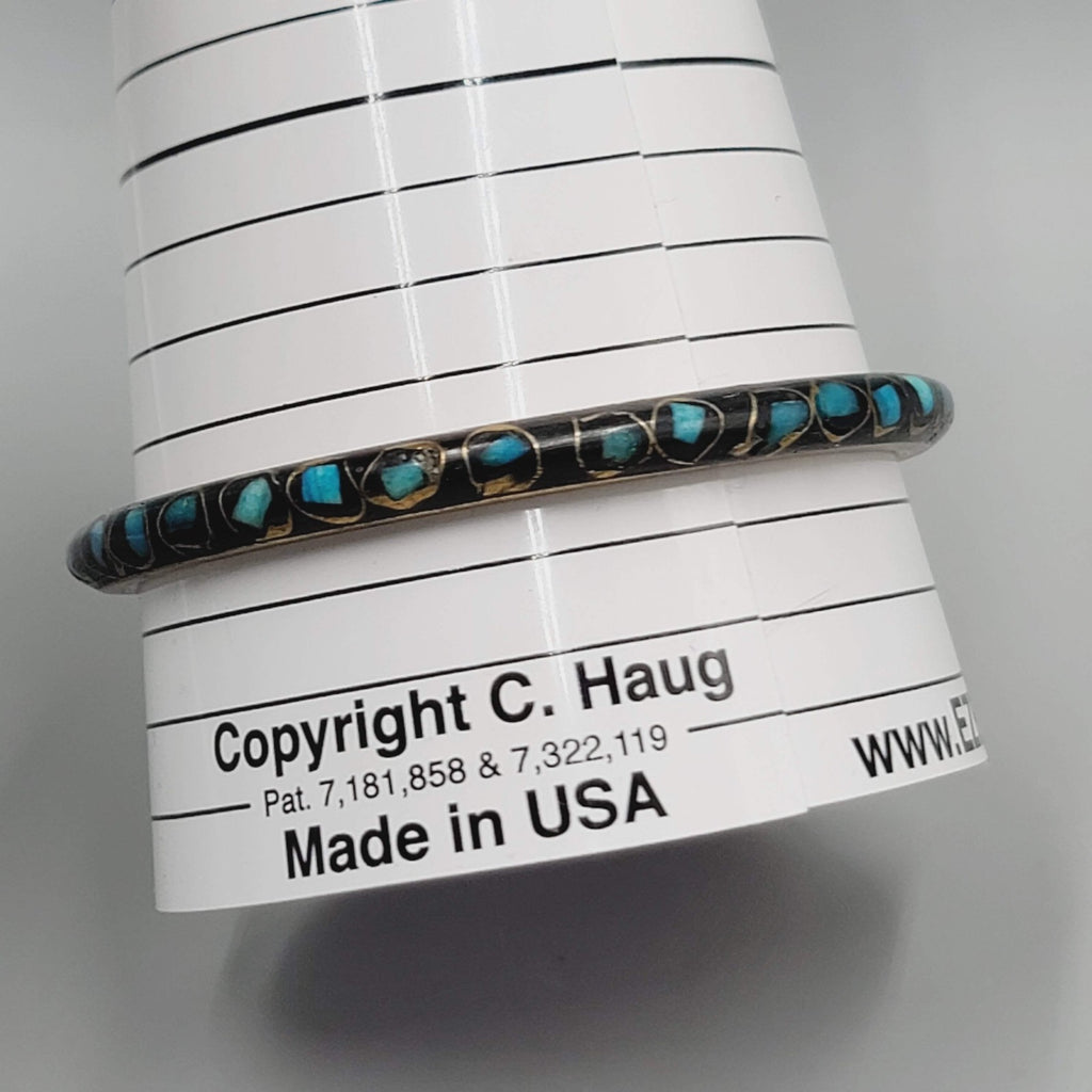 Vintage Black Blue Inlay Brass Bangle Bracelet Ethnic 8.25"