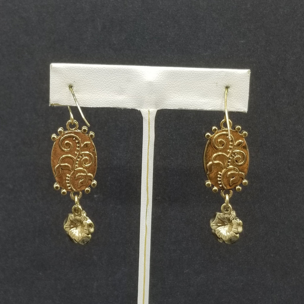 Pierced Earrings Gold tone Brown Sparkle Acrylic Flower Dangle 1 3/4"