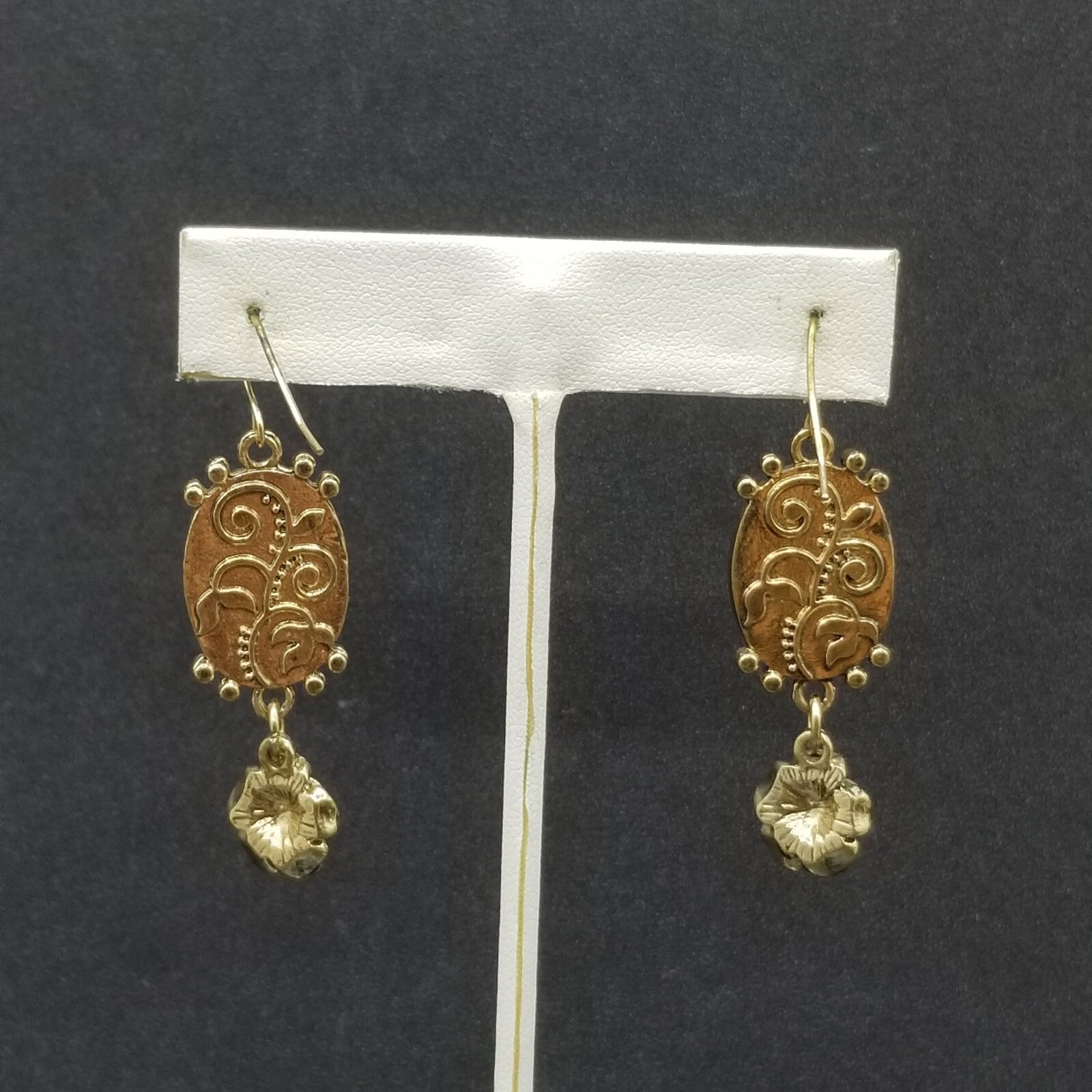 Pierced Earrings Gold tone Brown Sparkle Acrylic Flower Dangle 1 3/4"