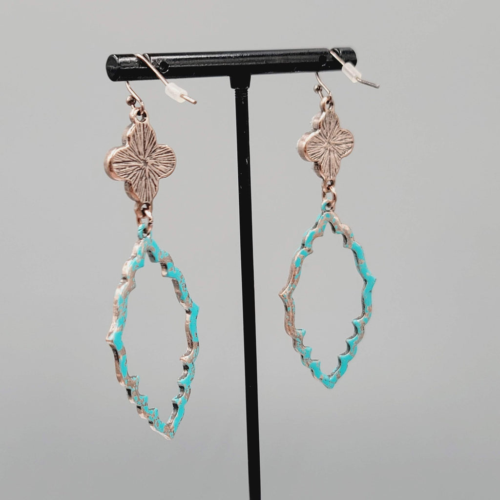 Blue Enamel Patina Dangle Pierced Earrings Silver tone Cross Copper tone 2.5"