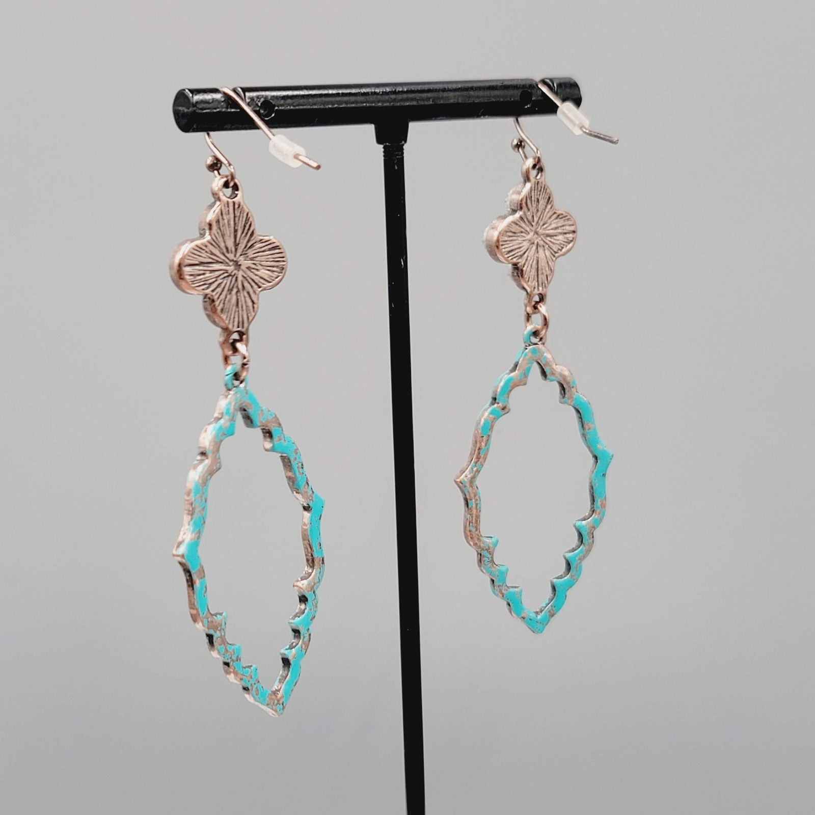 Blue Enamel Patina Dangle Pierced Earrings Silver tone Cross Copper tone 2.5"