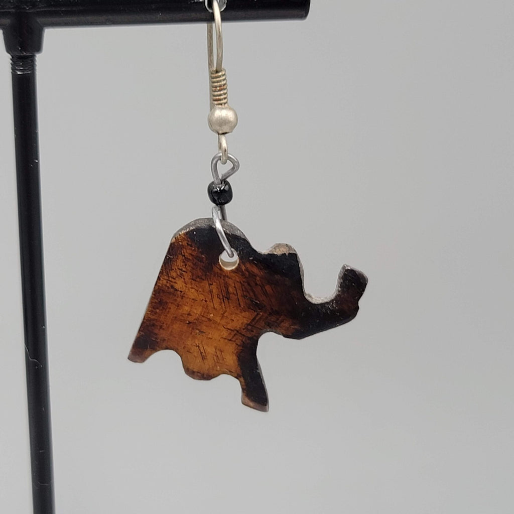 Vintage Elephant Pierced Earrings Hand Carved Wood Dangle Silver tone Hooks 1"