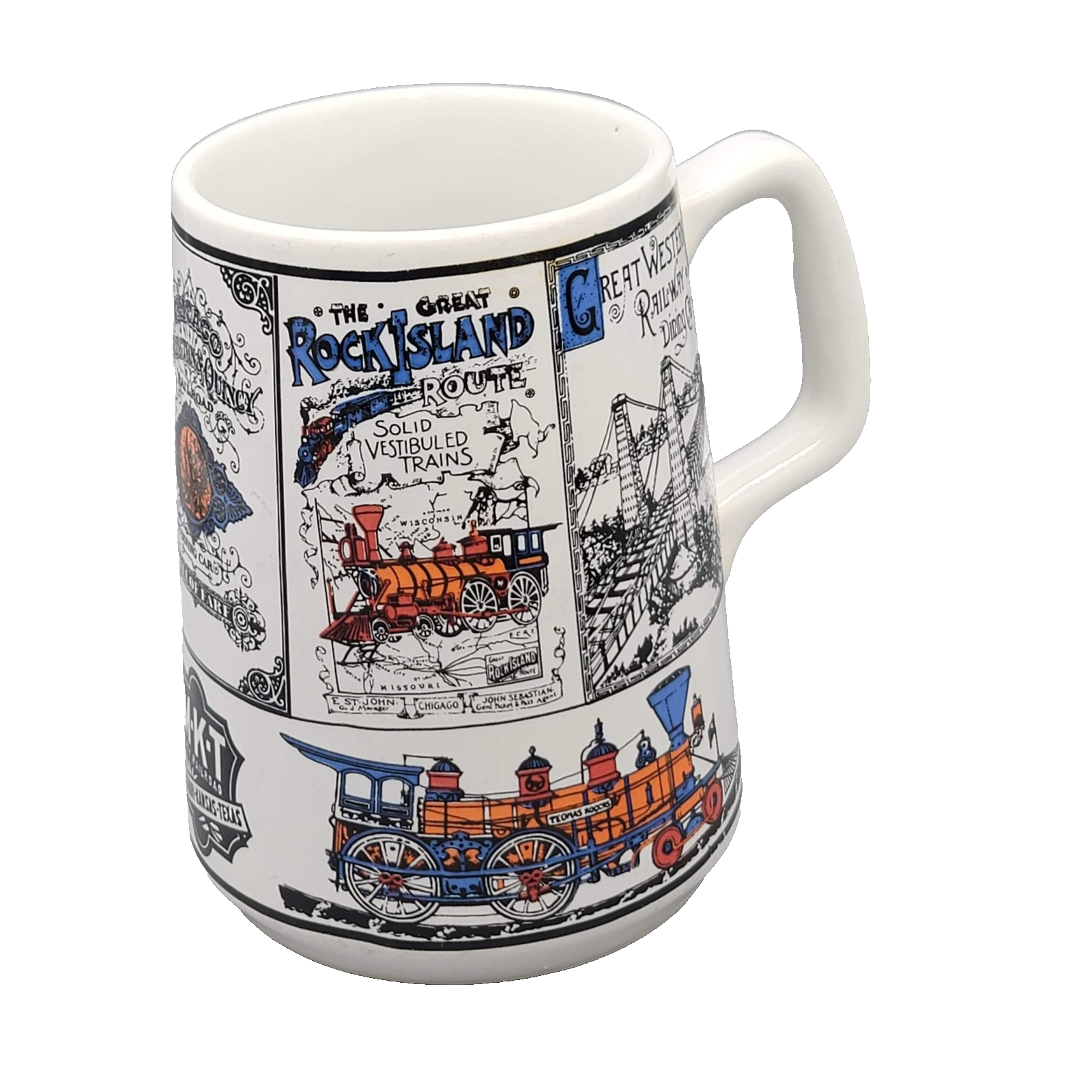 Railroad Poster Ceramic Coffee Mug Cup Train Engines Rock Island L&N MKT Retro