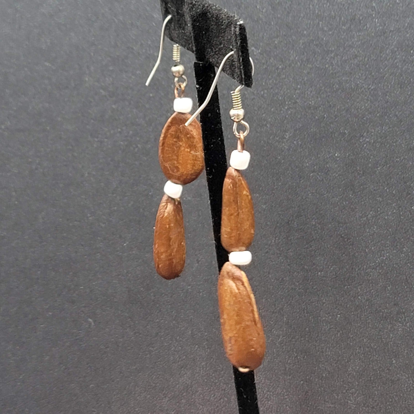Vintage Pierced Earrings Silver tone Large Brown Seed Beads Long Dangle 2"