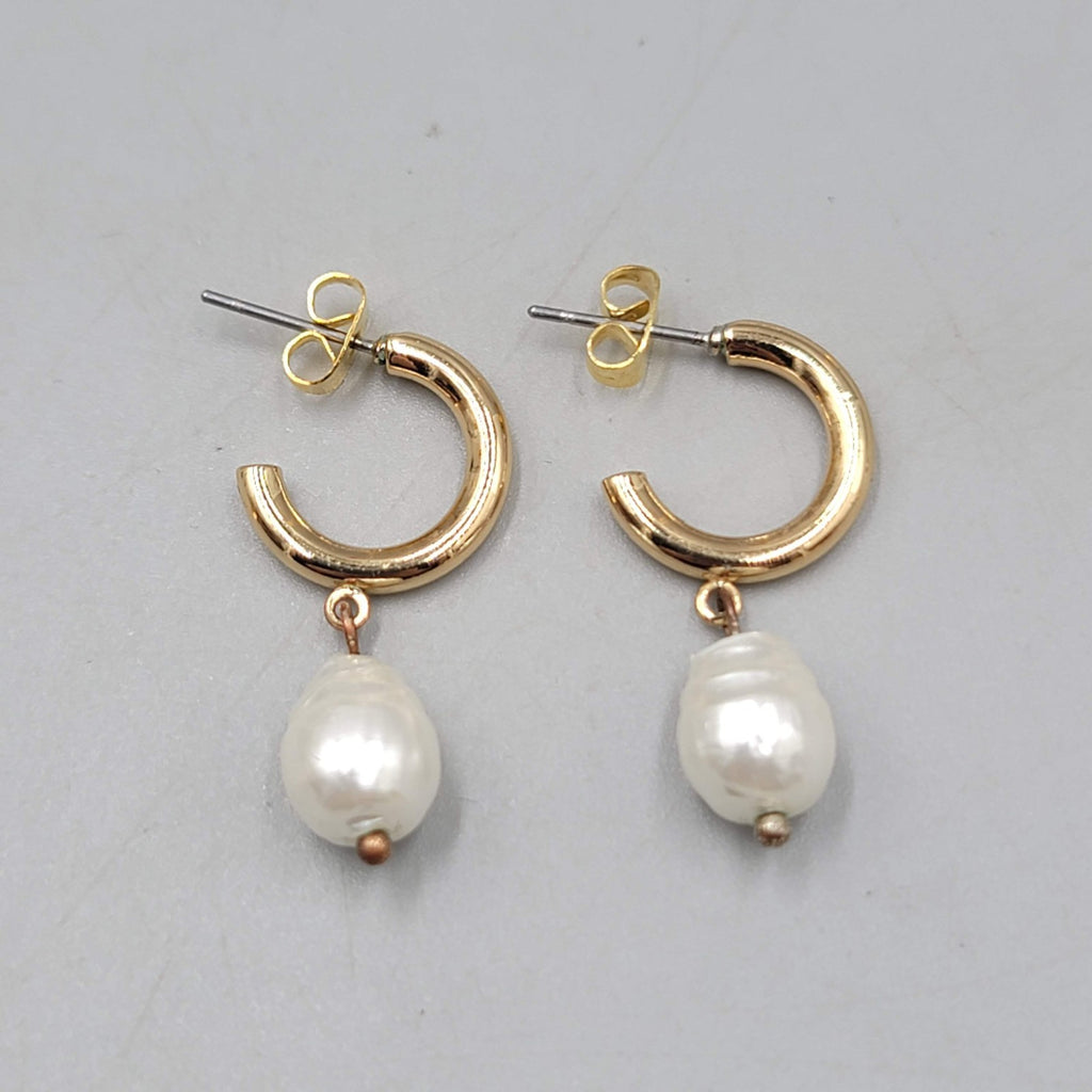 Hoop Pierced Earrings Gold tone White Bead Dangle 1.25 in