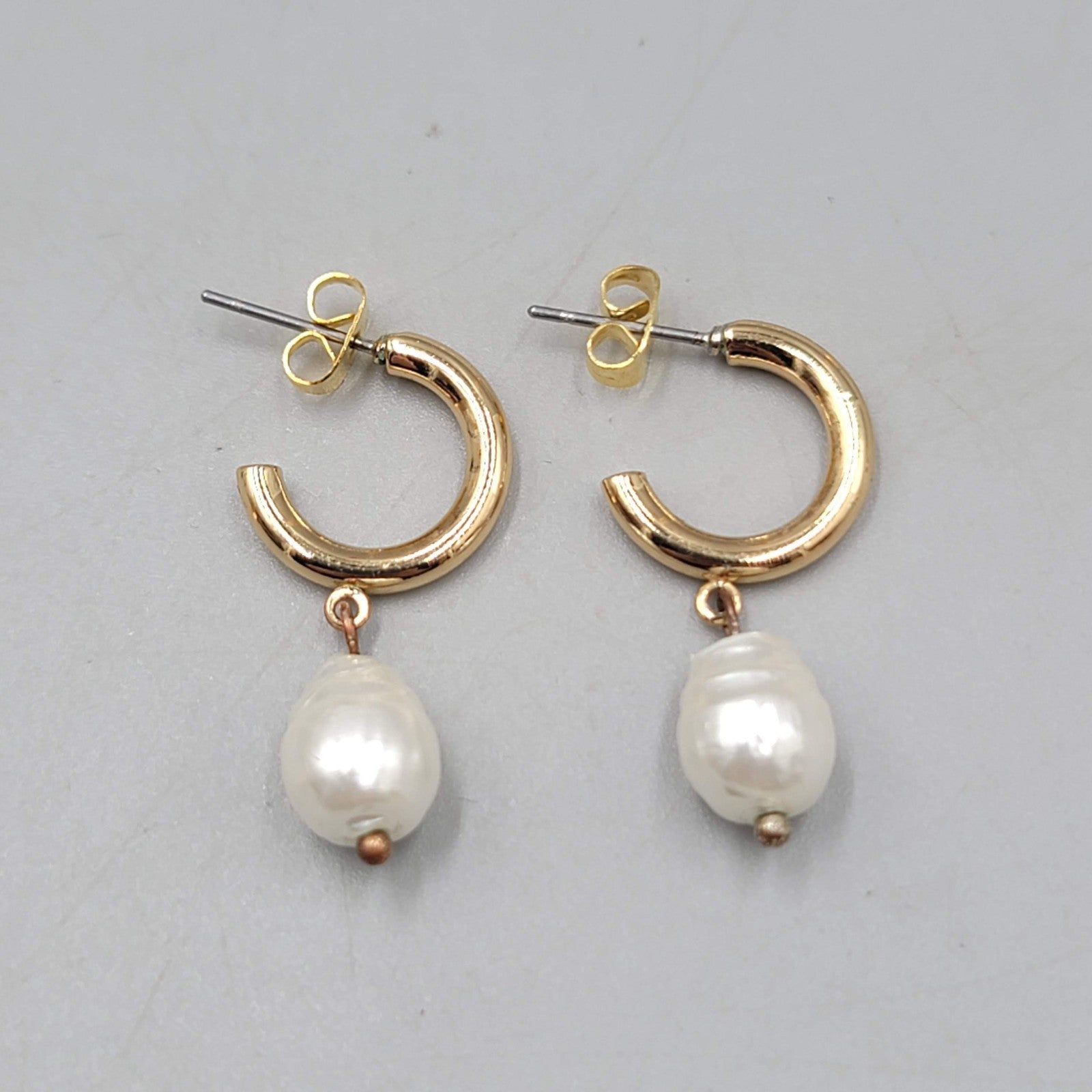 Hoop Pierced Earrings Gold tone White Bead Dangle 1.25 in