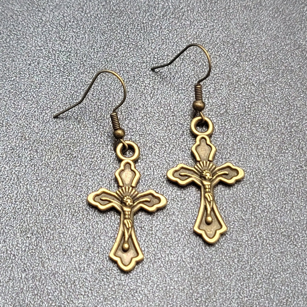 New Crucifix Cross Pierced Earrings Bronze tone Dangle 1 1/8"