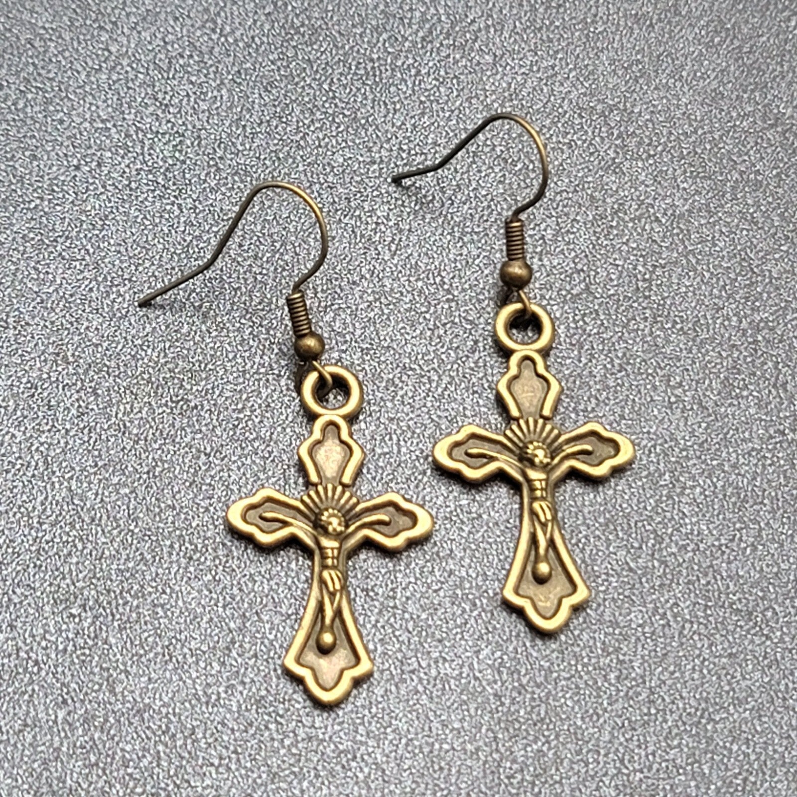 New Crucifix Cross Pierced Earrings Bronze tone Dangle 1 1/8"