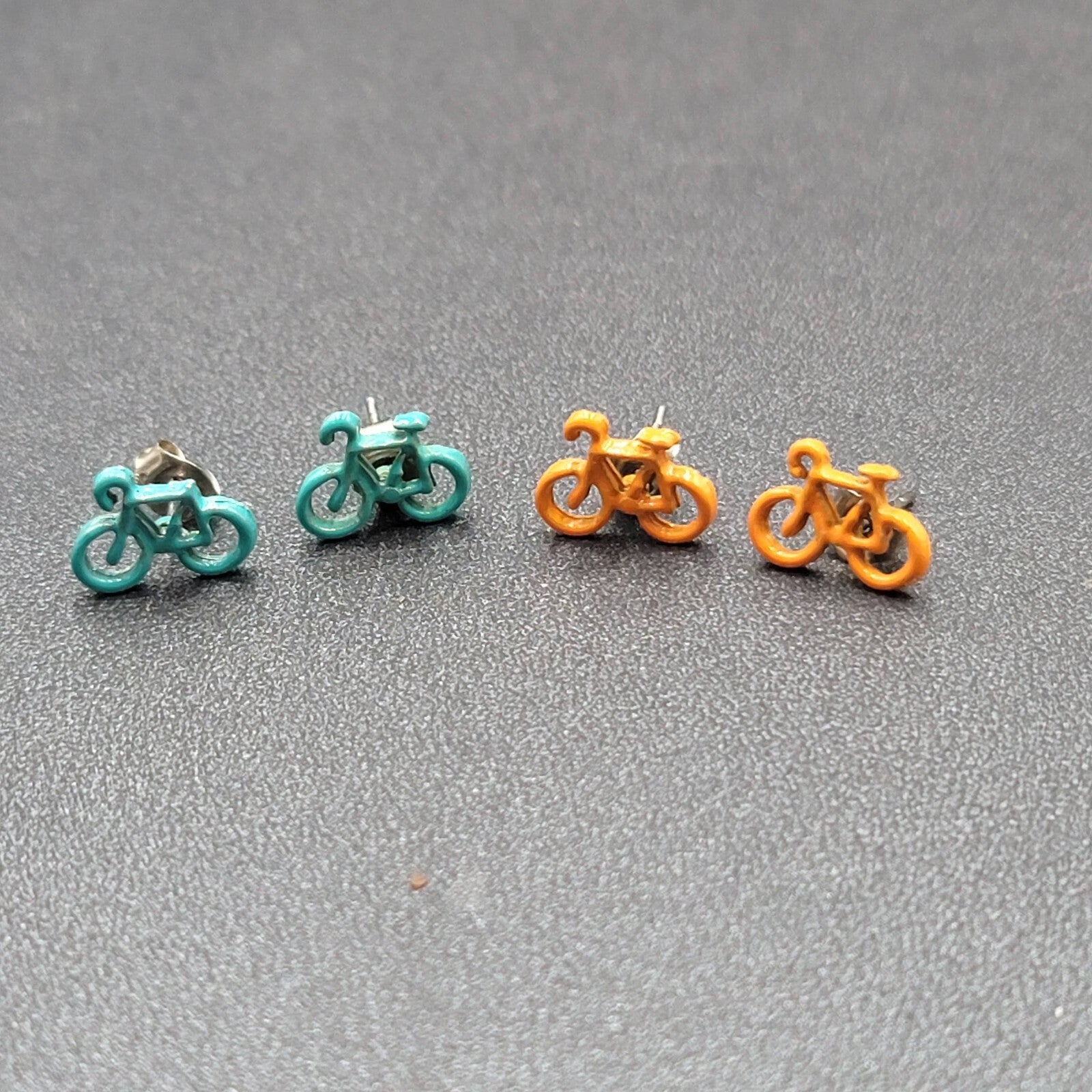 Vintage Bicycle Pierced Stud Earrings Lot of 2 Enamel Blue Orange 3/8"