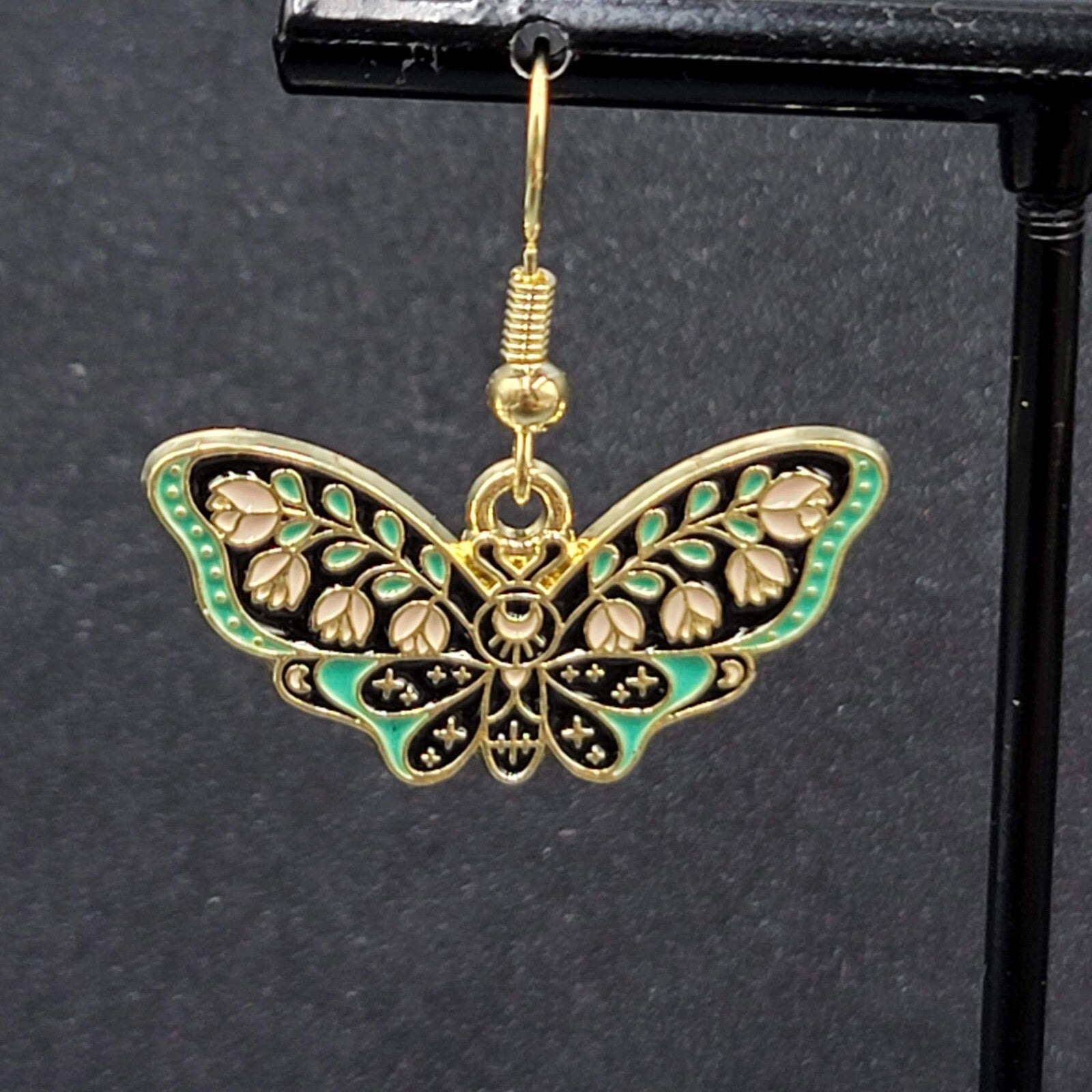 Moth Pierced Earrings Gold tone Green Pink Black Enamel Dangle 1/2"
