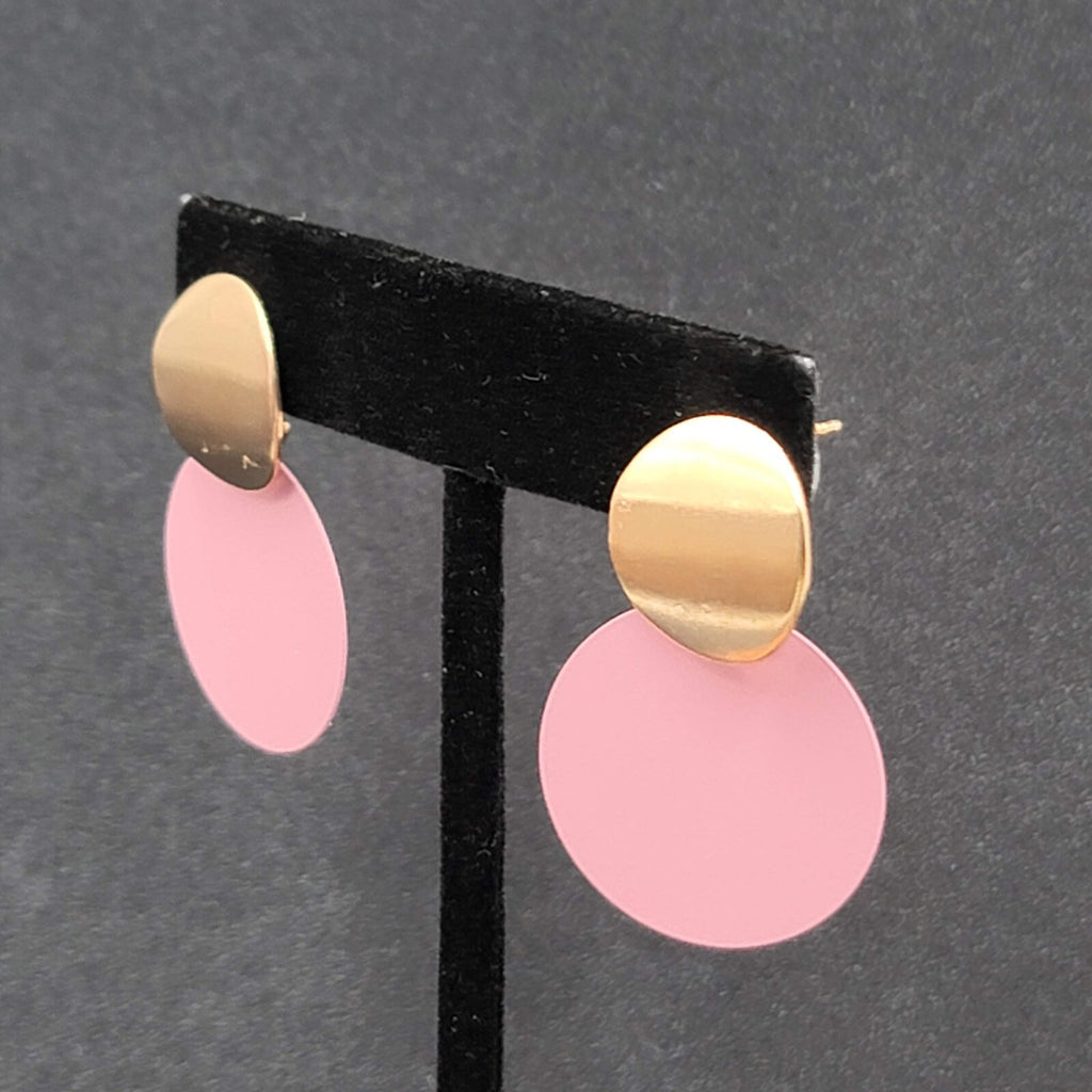 Pierced Earrings Mauve Pink Enamel Gold tone Double Discs Dangle 1 3/8"