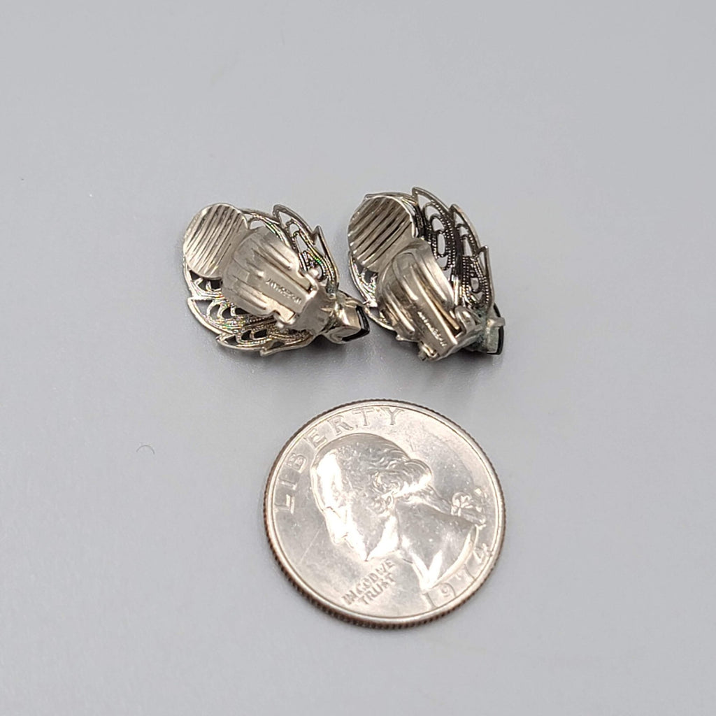 Vintage Filigree Black Rhinestone Clip on Earrings Silver tone 3/4"