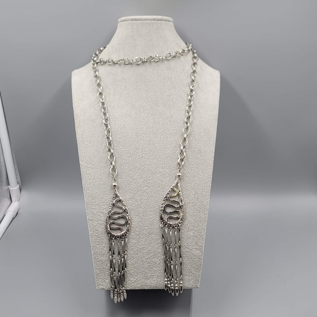 Vintage Lariat Necklace MCM Statement Silver tone LONG 36" + 5.5" Tassels