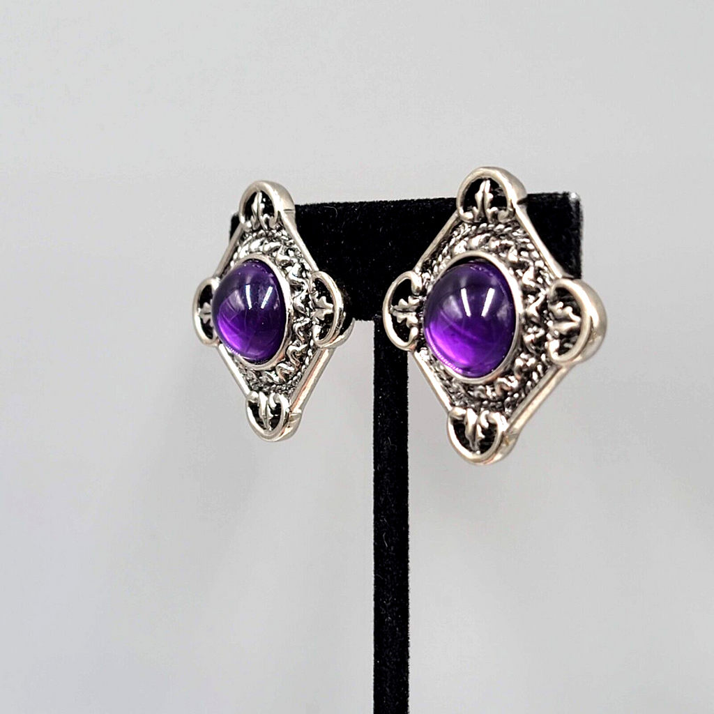 Vintage Translucent Purple Cabochon Clip on Earrings Silver tone 1.25"
