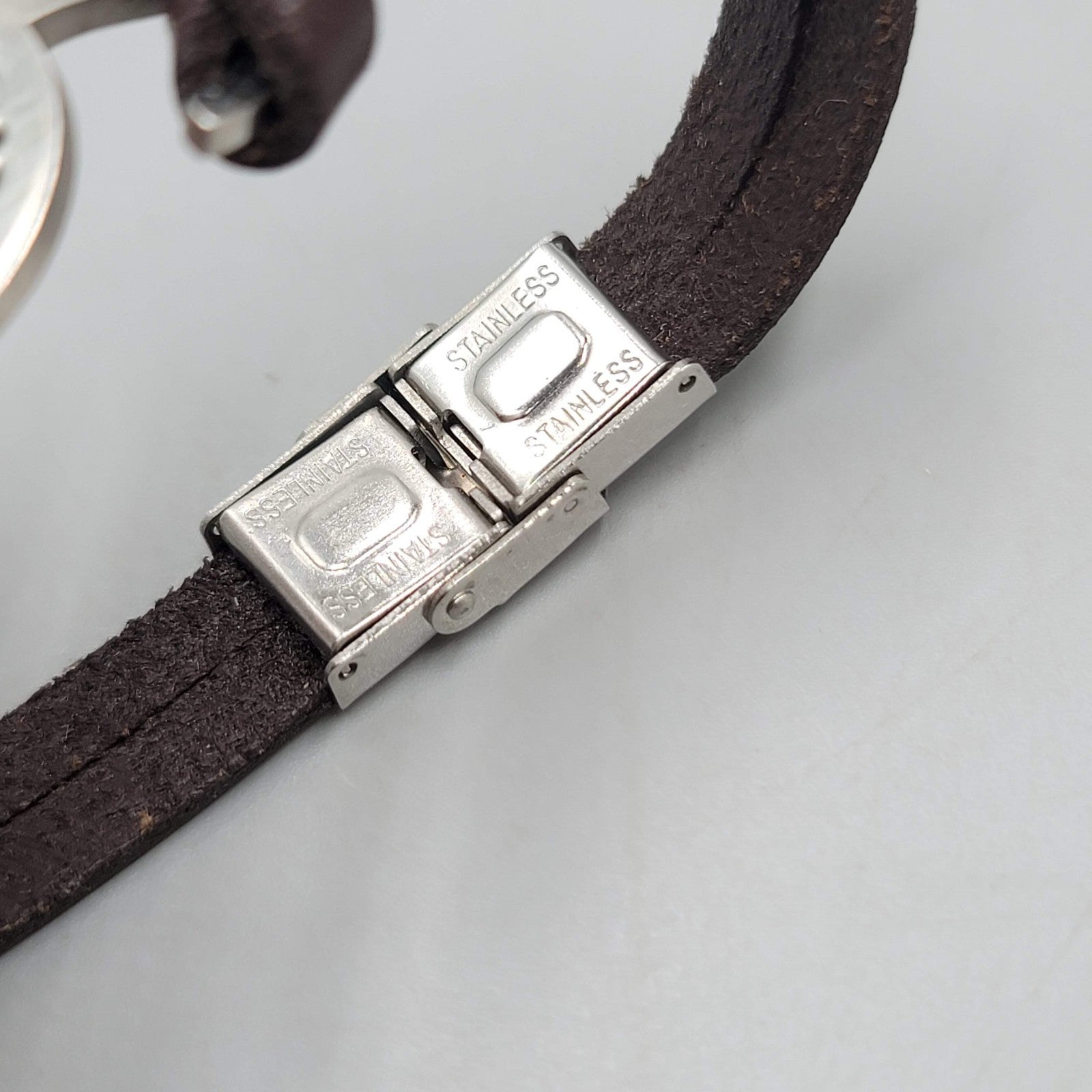 Tree Medallion Stainless Steel Bracelet Brown Leather Unisex 7"