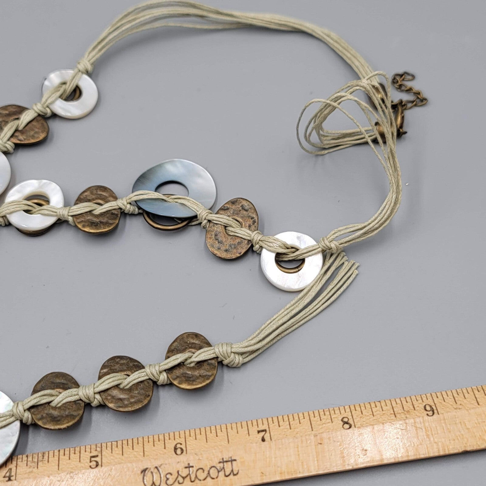 Shell Disc Necklace Cord Long Statement Bronze tone 32"