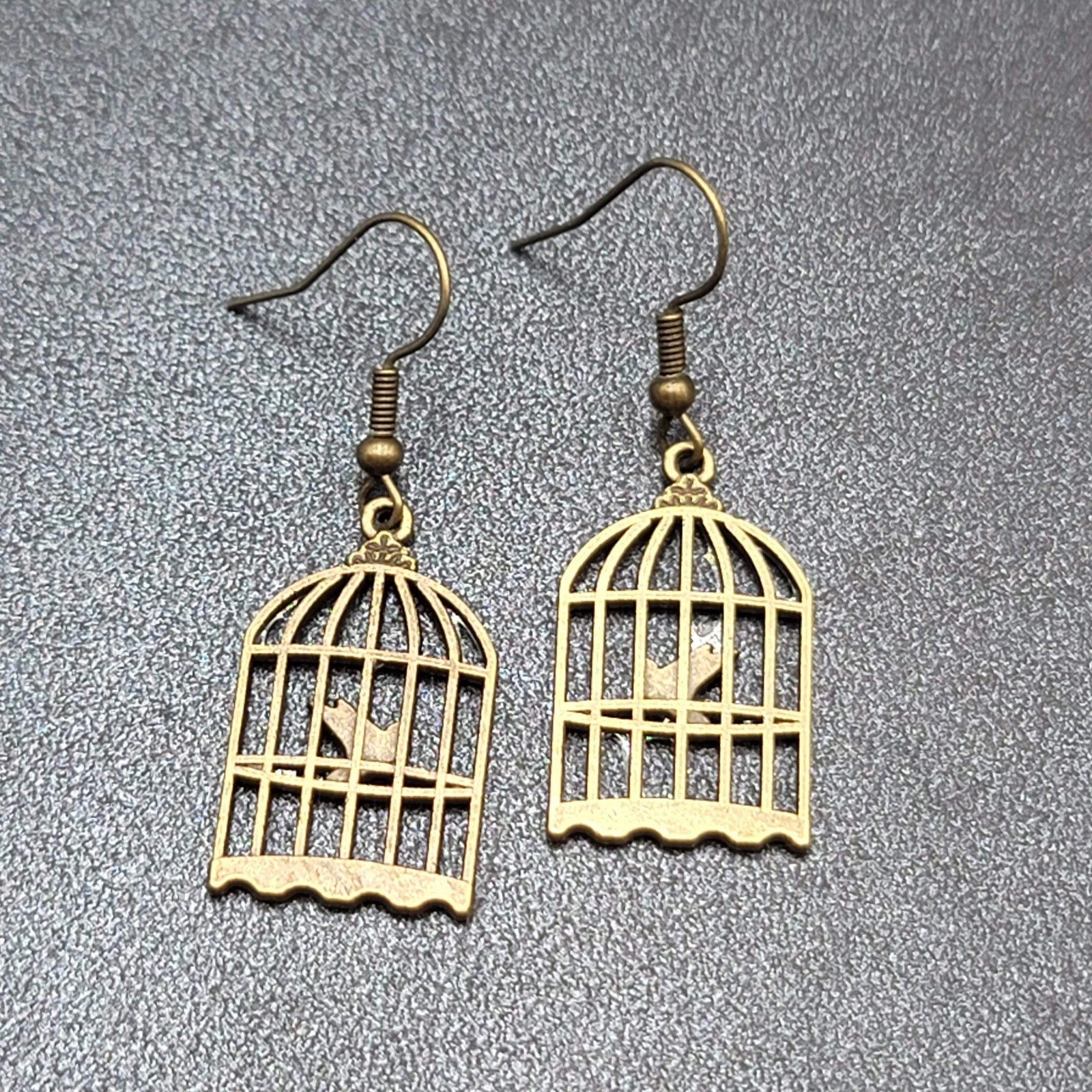 New Bird in the Cage Pierced Earrings Bronze tone Dangle 1"