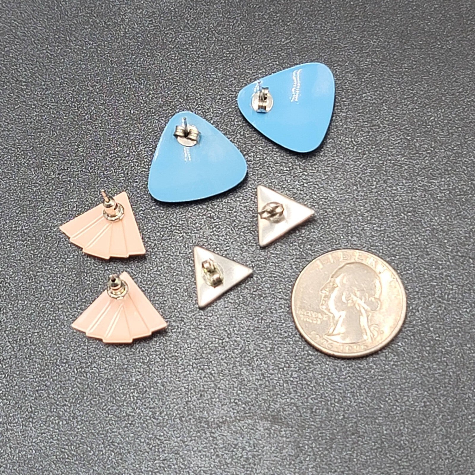 Vintage Pierced Earrings Lot of 3 Enamel 1980s Studs Blue Peach Tan Triangle