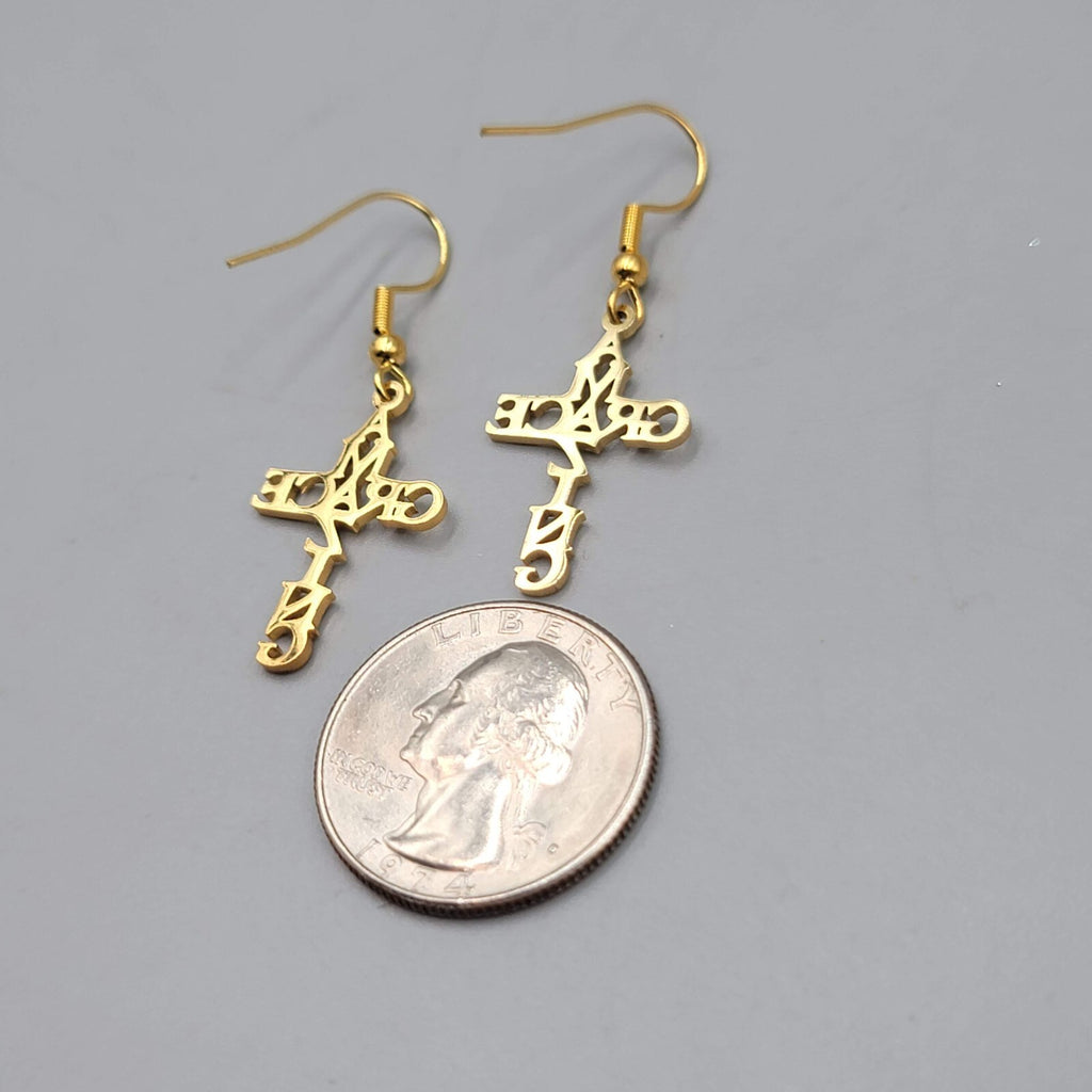 Amazing Grace Cross Pierced Earrings Gold tone Dangle 1"