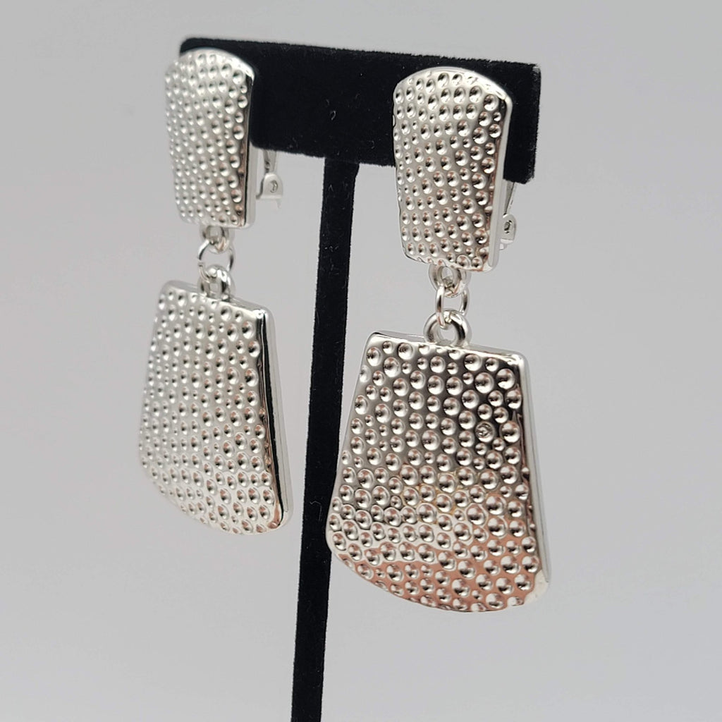 Vtg Hammered Silver Plated Clip on Earrings Statement Door Knocker Dangle 2.5 in