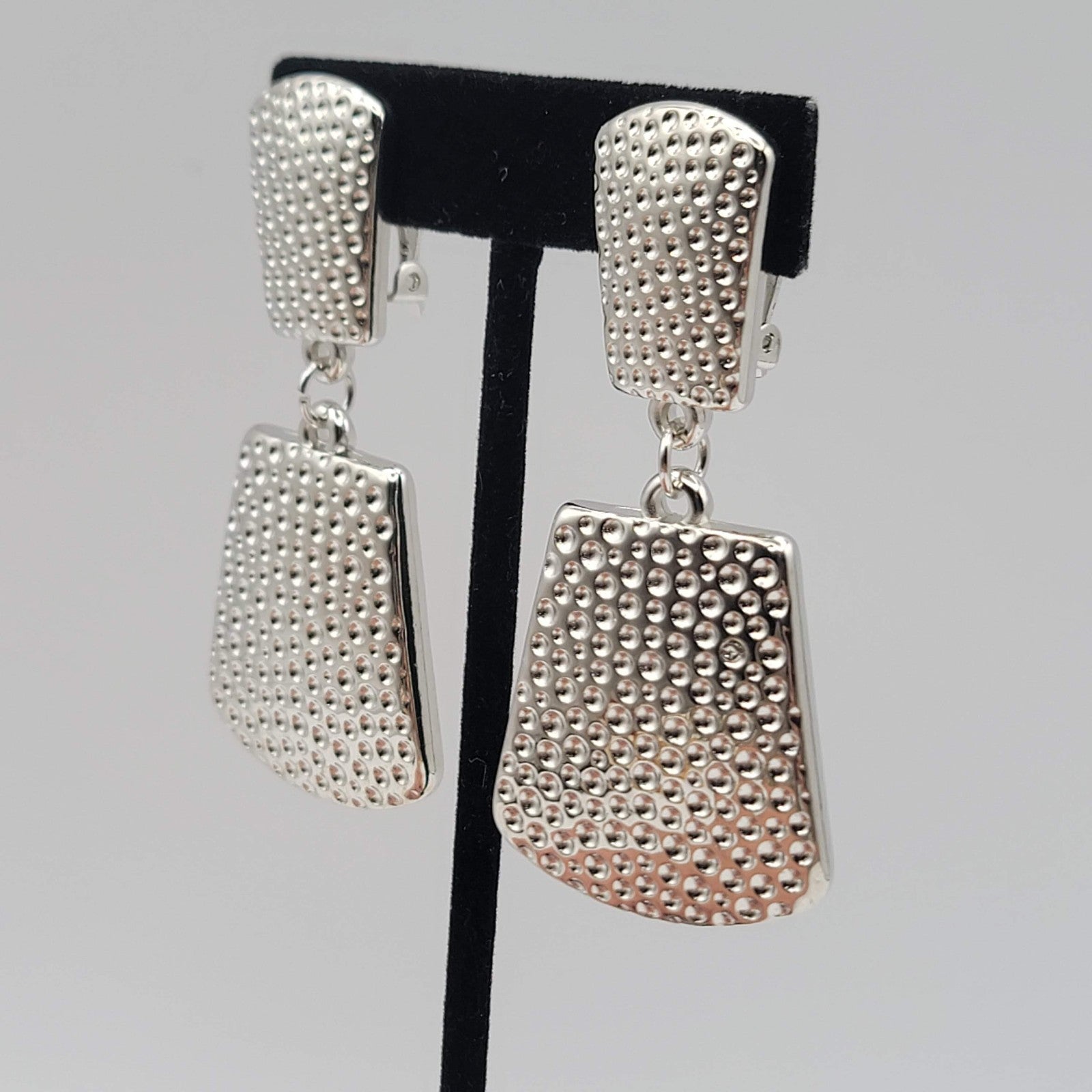 Vtg Hammered Silver Plated Clip on Earrings Statement Door Knocker Dangle 2.5 in